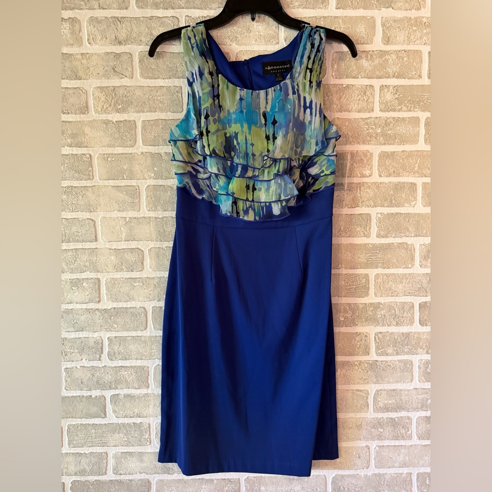 Connected Apparel Blue and Green Patterned Midi Dress